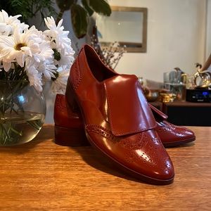 Tory Burch Rust Mensy Oxfords Shiny Cow Leather Stacked Heel